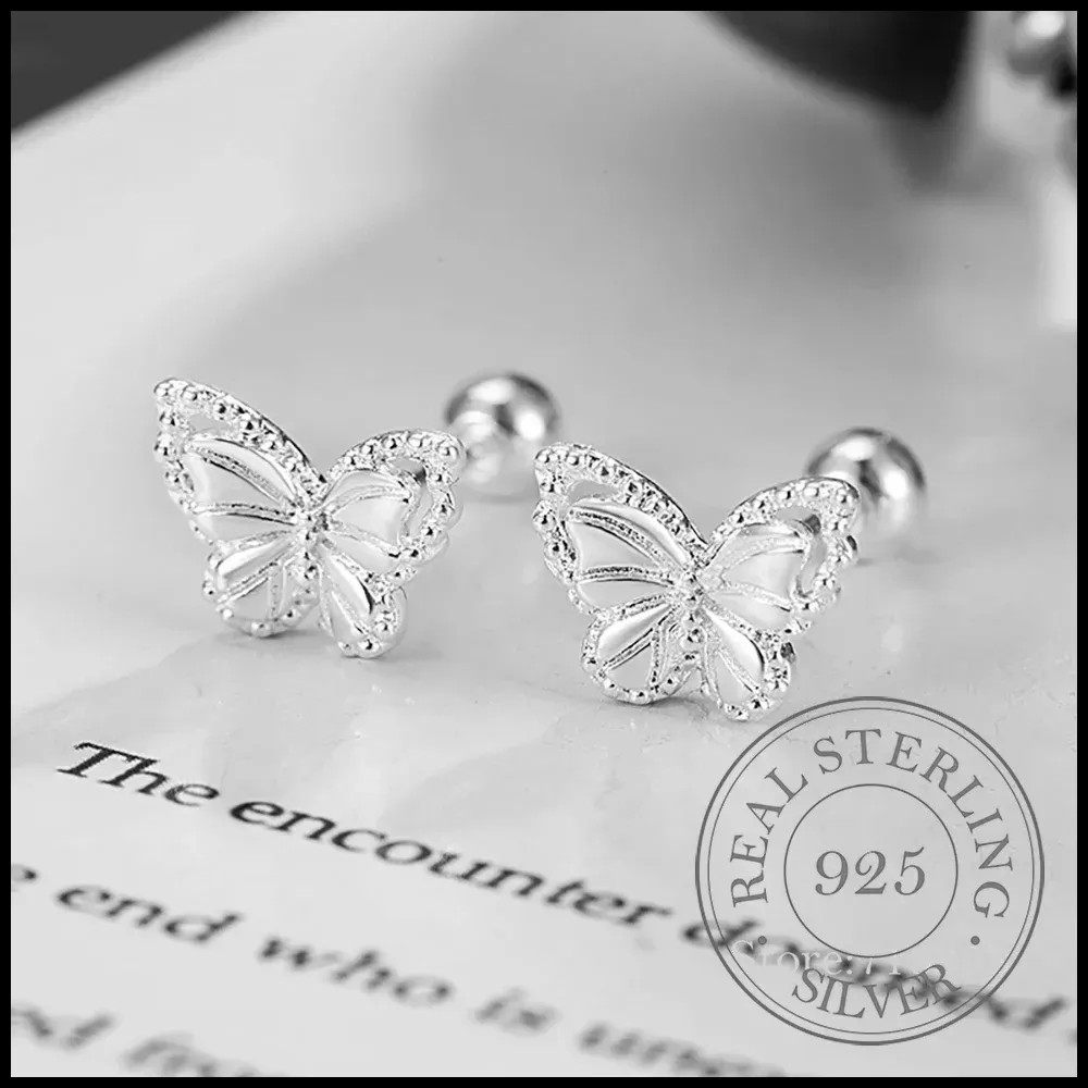 Real Money 925 Sterling Silver Crystal Butterfly Screw Stud Earrings for