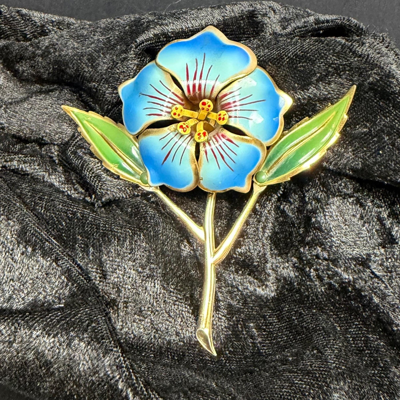 Vintage Blue Cold Painted Enamel Flower Brooch Gold Tone Statement Pin 3.75 In