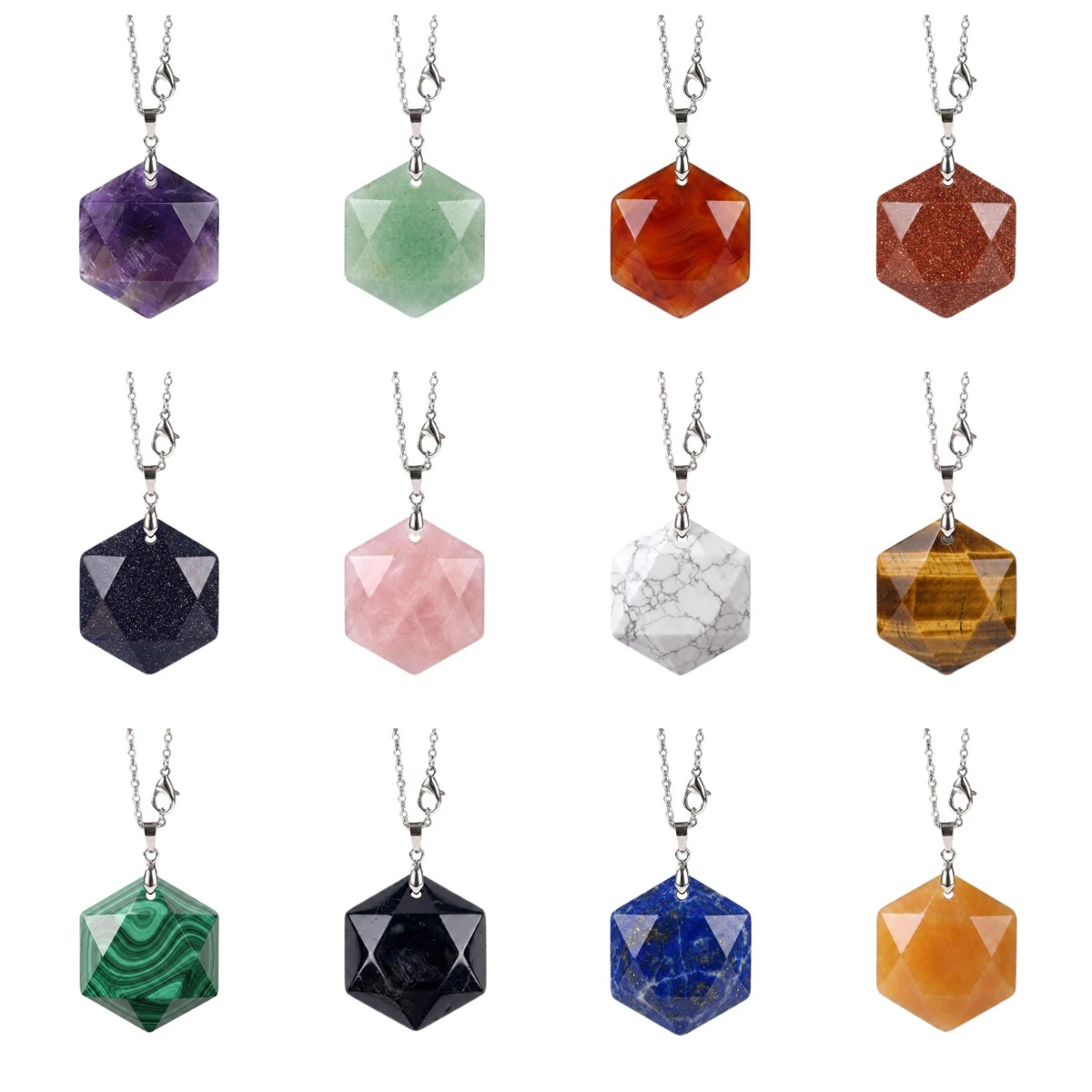 6PCS 22mm Faceted Hexagon Natural Stone Necklace Healing Crystal Pendant