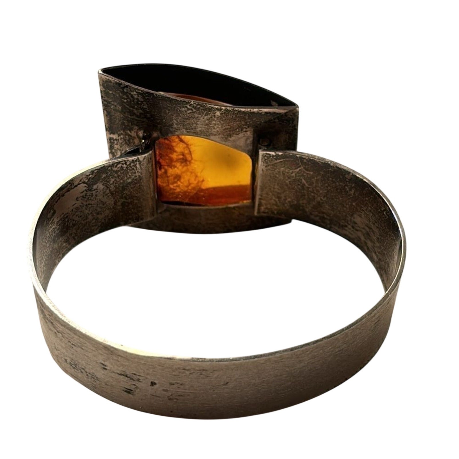 Vintage Sterling Silver Baltic Amber Brutalist Hinged Cuff Bracelet