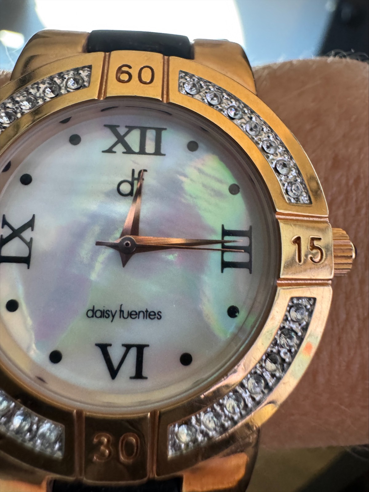 Daisy Fuentes Rhinestone Watch MOP Dial Black Strap Women’s Japan Movement