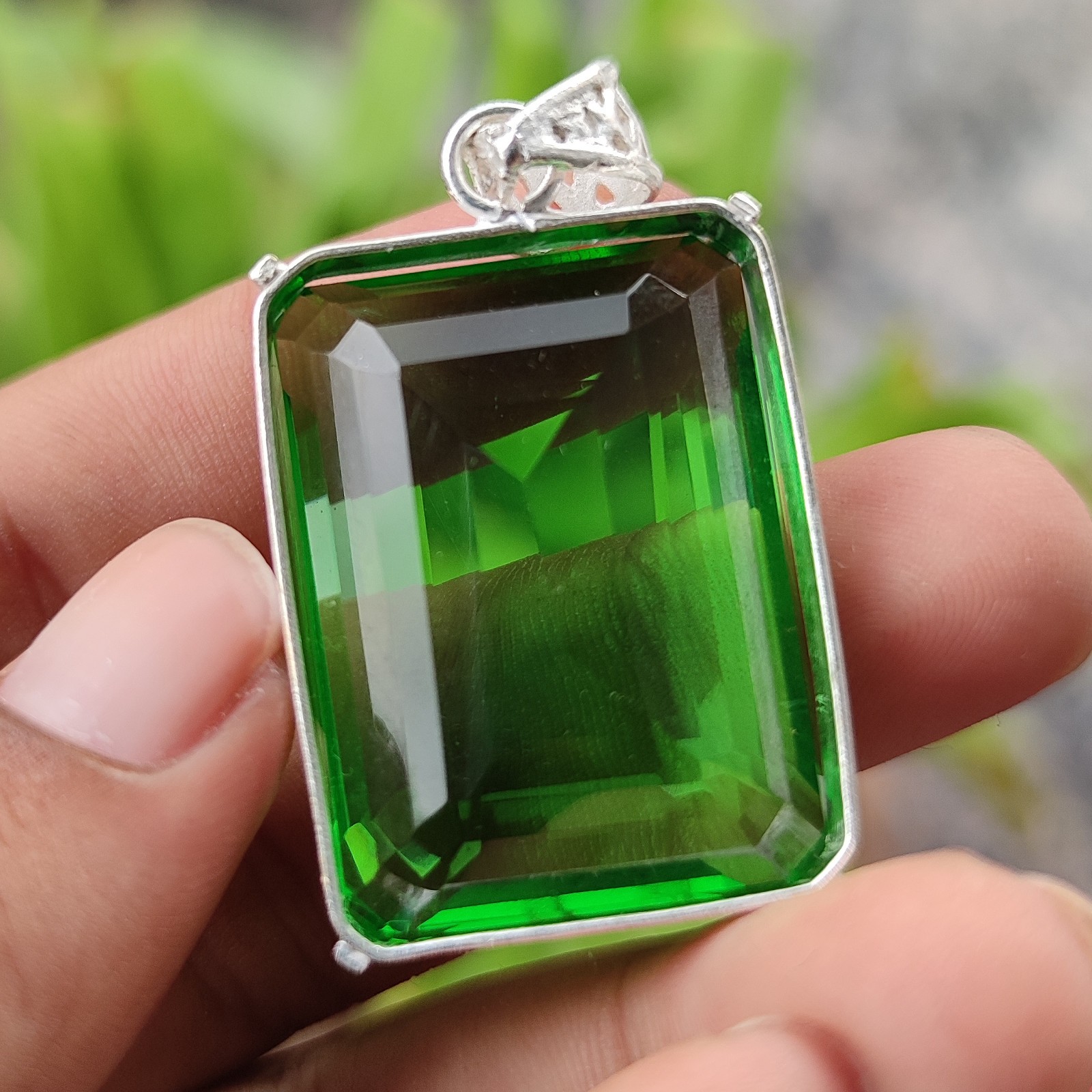 Natural 97.95 Ct Emerald Shape Green Topaz Gemstone Pendant 925 Sterling Silver