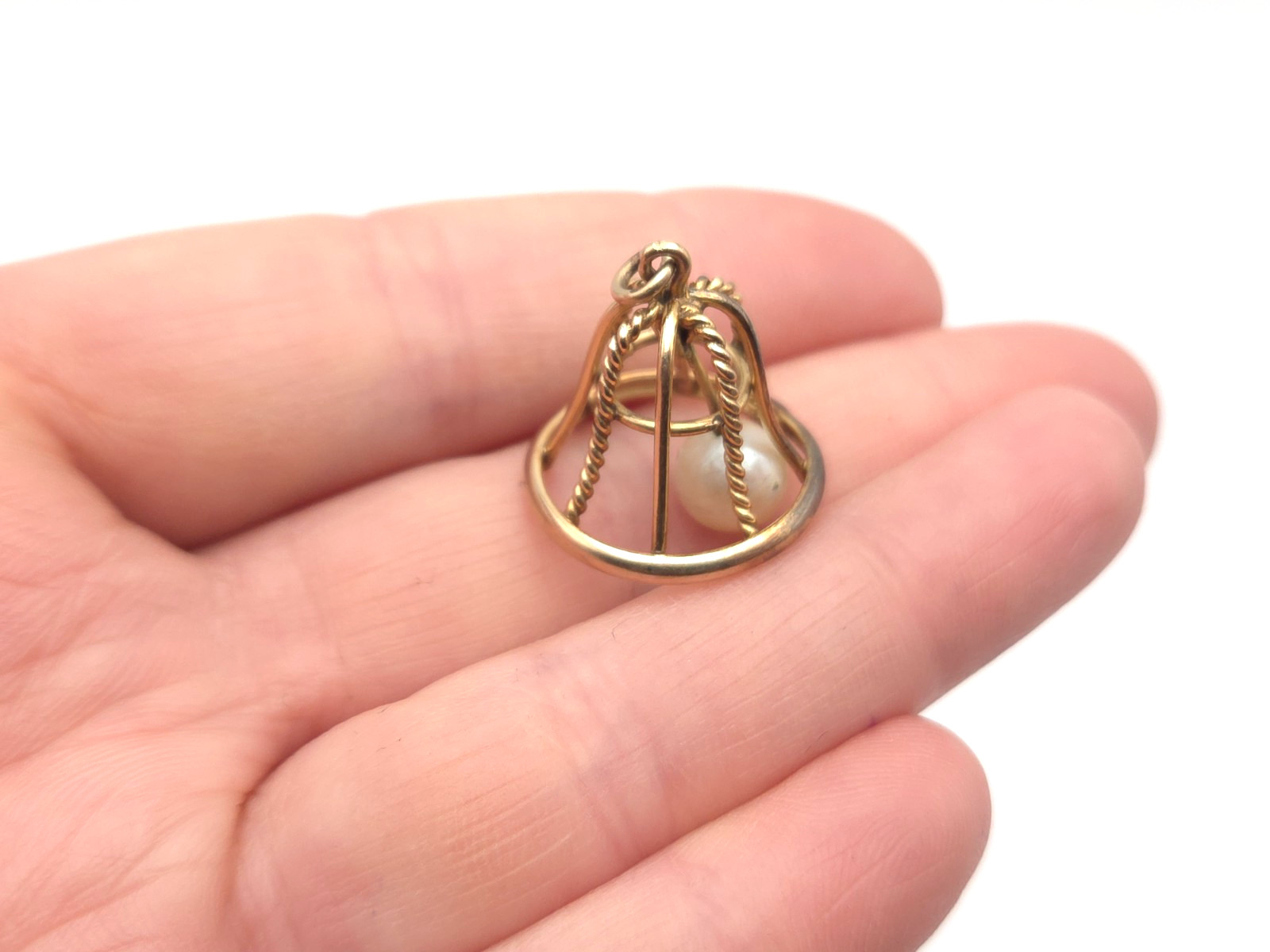 Vintage 14k Solid Gold & Pearl Movable Openwork Bell Pendant or Charm 2.4grams