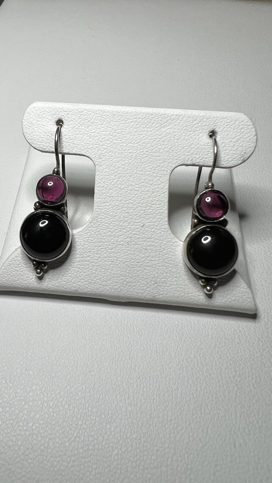 Signed JGD 925 Sterling Pink Tourmaline and Black Onyx Drop Hook Earrings Bezel