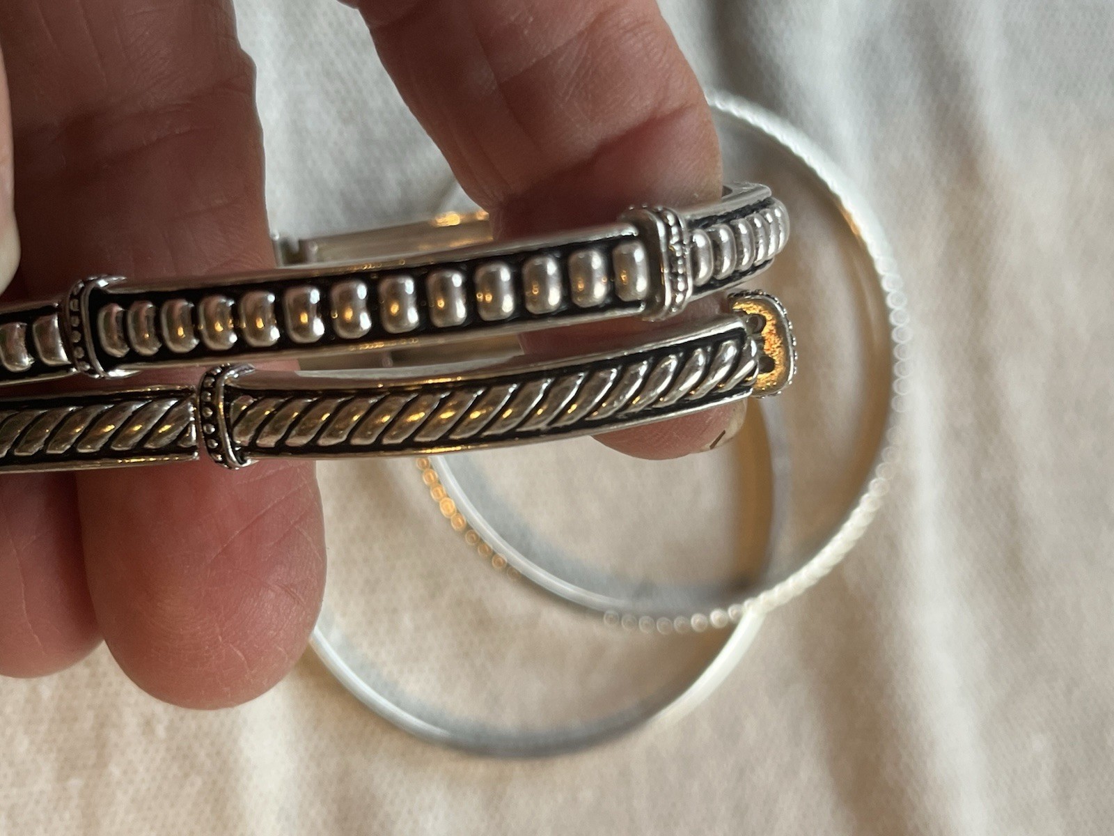 Premiere Design Engraved Silver Stretch and Solid Bangle Bracelets Set of 4