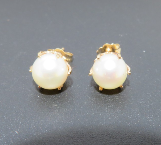 14K YG 6.90 mm ROUND CULTURED PEARL STUD EARRINGS 2.00 grams (AI-2765)