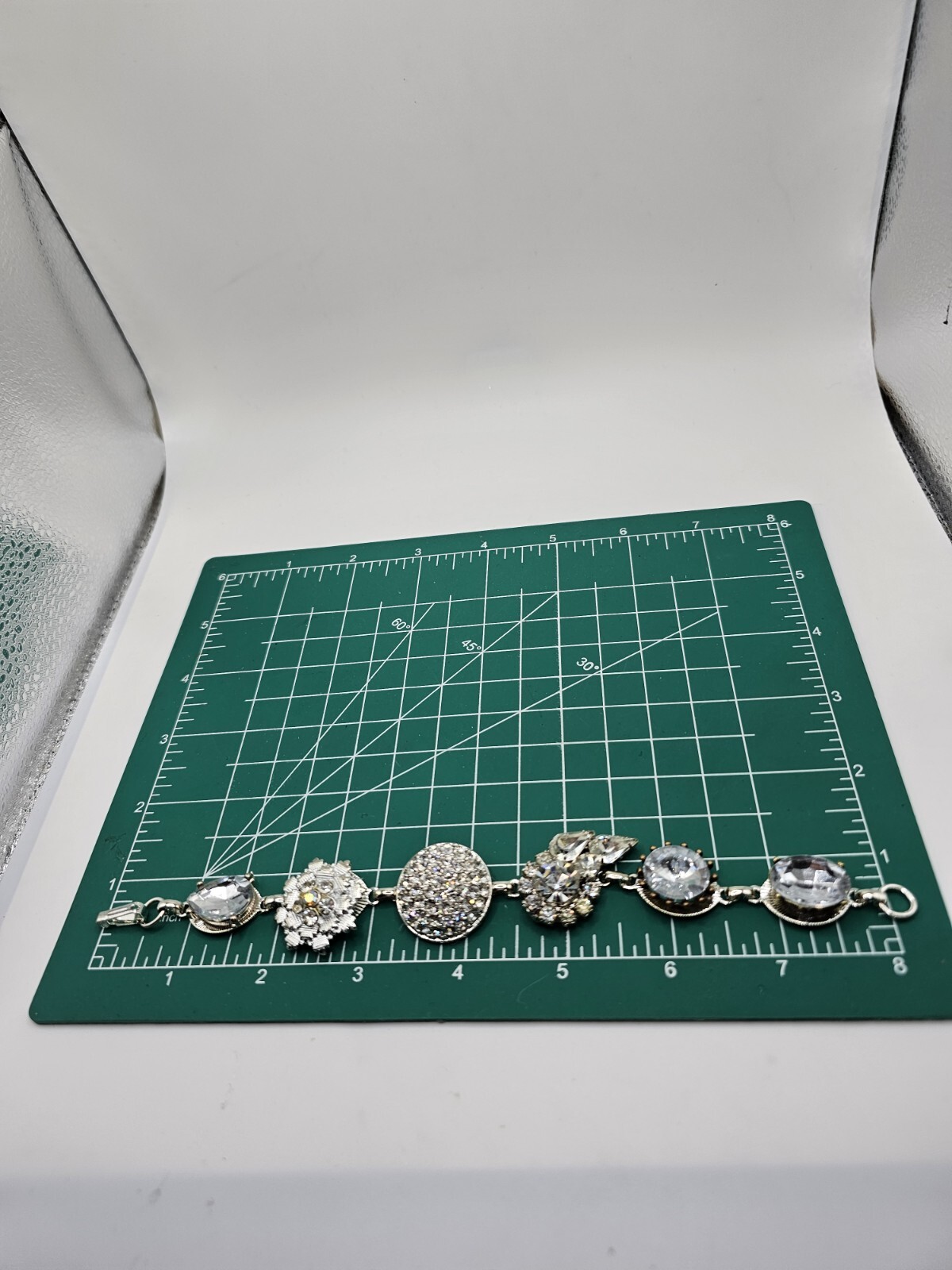 Handmade Mixed Media Rhinestone Bracelet Vtg Contemporary Jewelry OOAK 8″ Retro