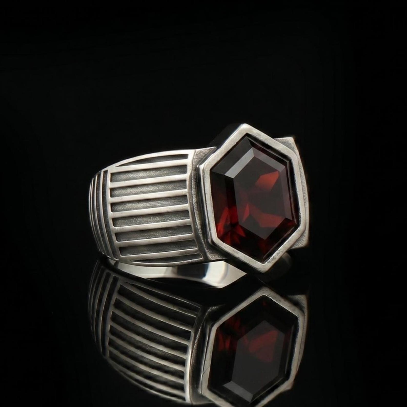 Hexagon Cut Garnet Men’s Signet Ring, Vintage Geometric Statement Style Ring