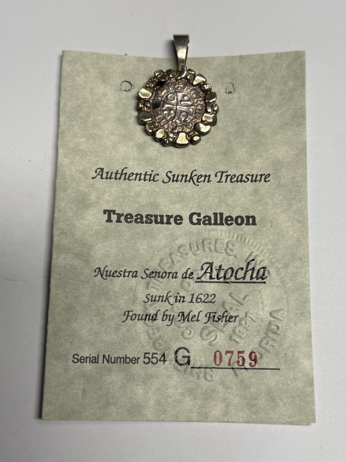 10k Gold Bezel w/ 1622 ATOCHA Shipwreck Treasure Galleon Silver by Mel Fisher