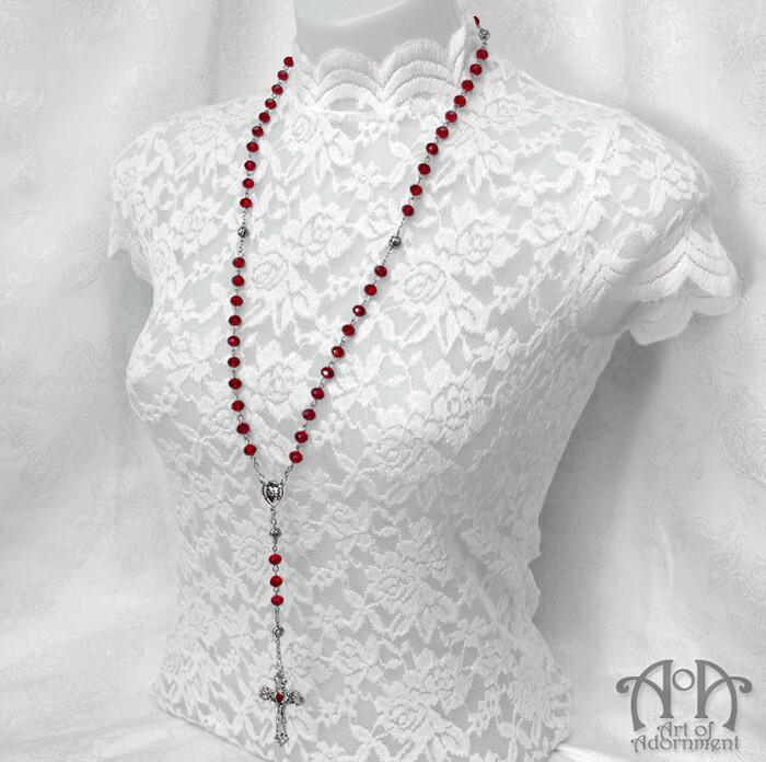 Gothic Silver RED GLASS ROSARY NECKLACE Beaded Sacred Heart Cross Rose Long