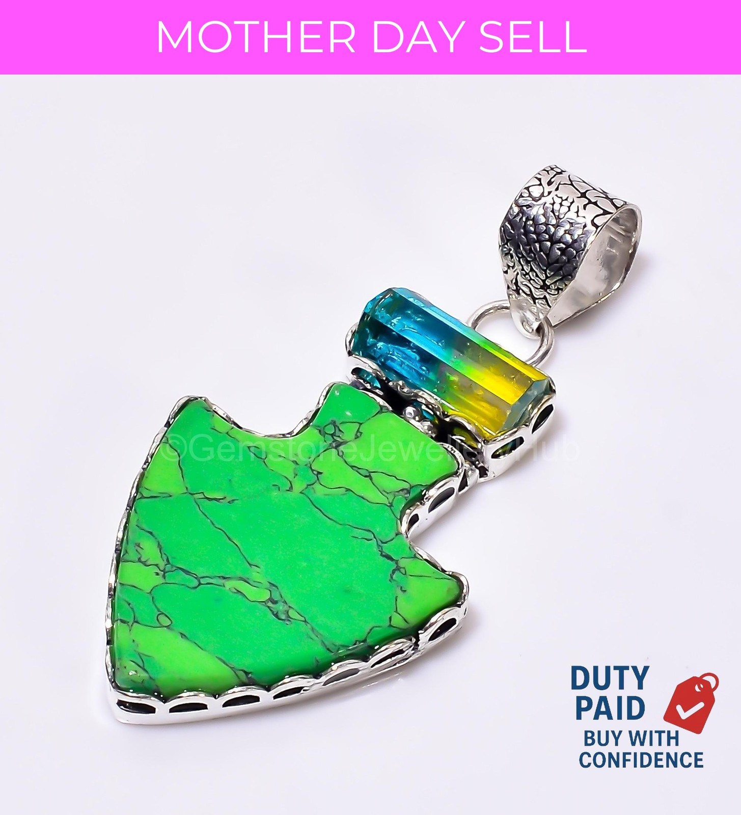 925 Silver Fancy Green Turquoise Bio Tourmaline Quartz Wife Channel Set Pendant