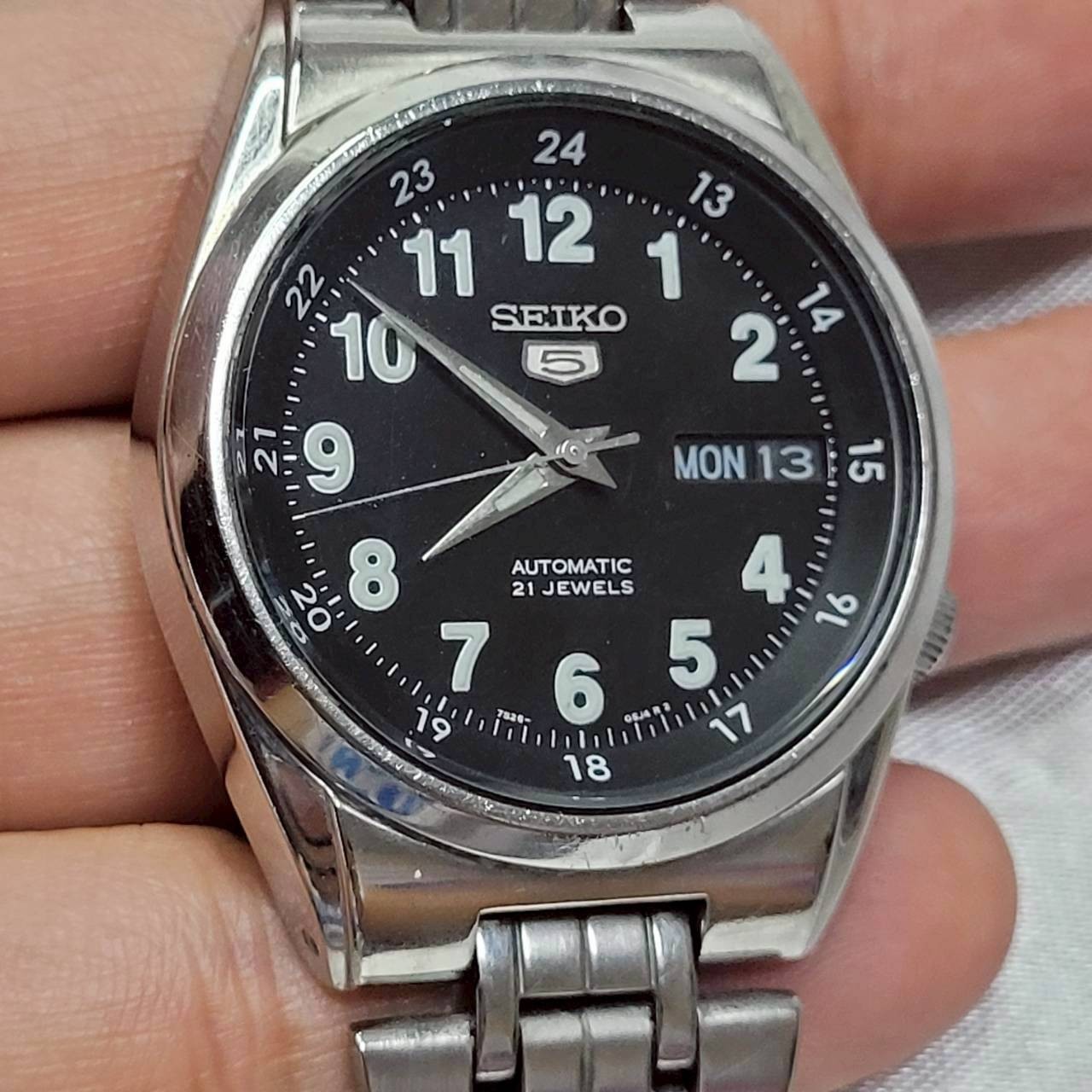 Vintage Seiko 5 Automatic SNK381K1 Military Black Dial Full Lume Numbers Watch
