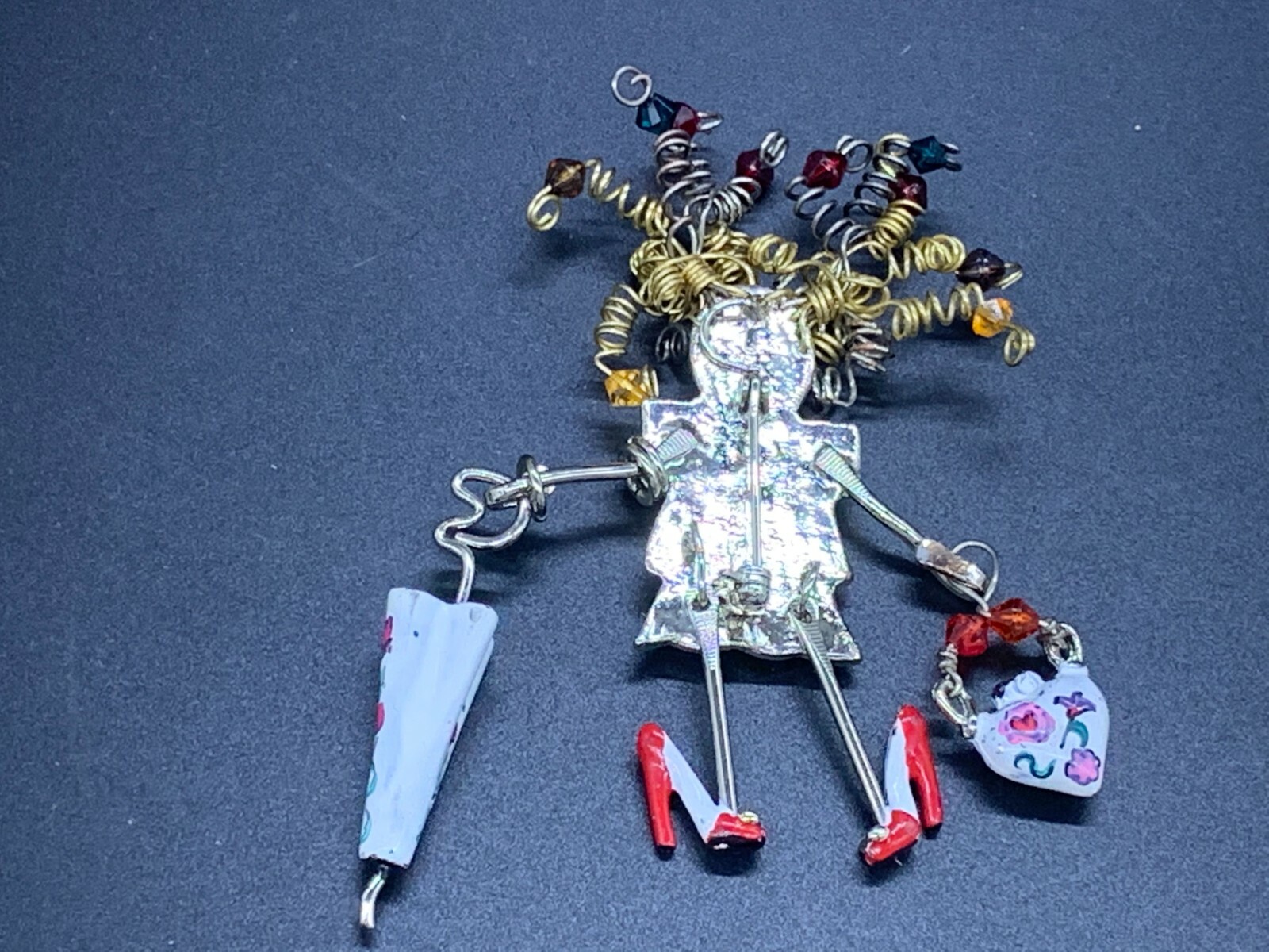 MODERNIST ARTS CRAFTS PORCELAIN METAL SPRING BEAD GIRL PURSE UMBRELLA BROOCH