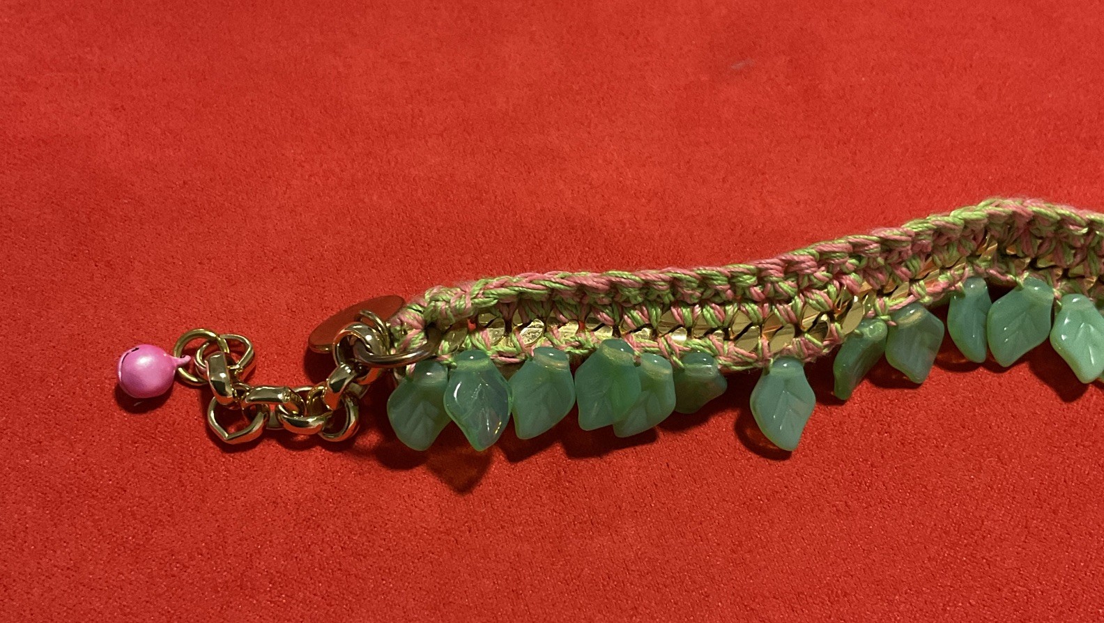Venessa Arizaga Handcrafted Crochet Bracelet Faceted Green Crystals Leaf Charms