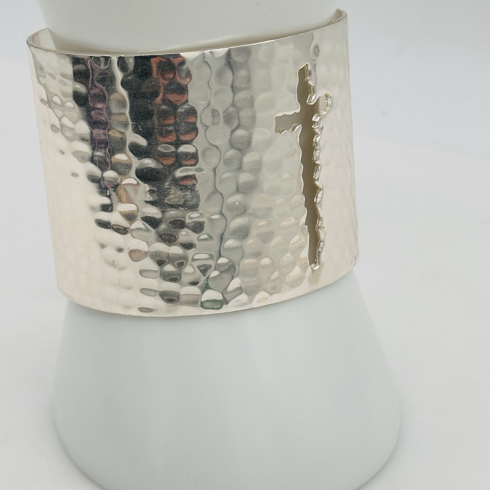 Rustic Cuff Wide Hammered Cross Cutout Silver Tone Statement Cuff Bracelet