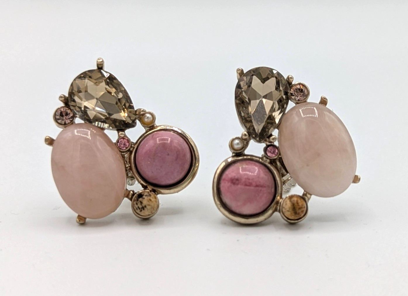 Vintage Pink Rose Quartz Clip On Earrings Smoky Rhinestone teardrop Chicos