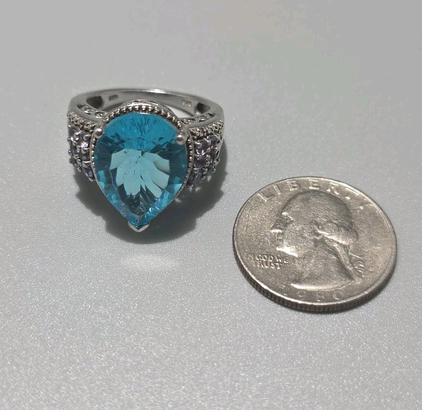 Vintage 925 Sterling Silver Statement Ring w/ Large Blue Topaz Sz 9 Cocktail