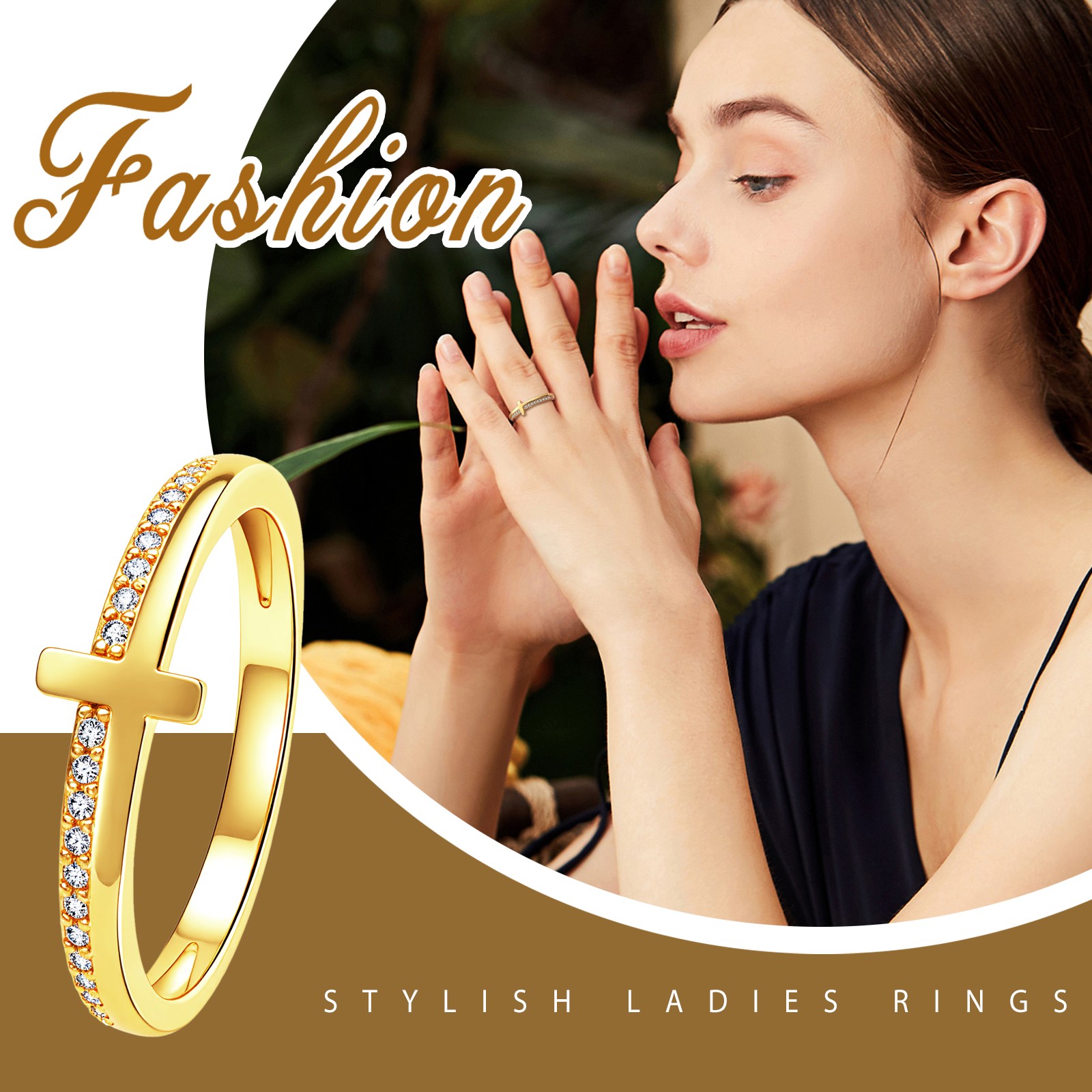 Women’s Casual Rhinestone Cross Brass Ring – Anniversary Birthday Gift for Wife