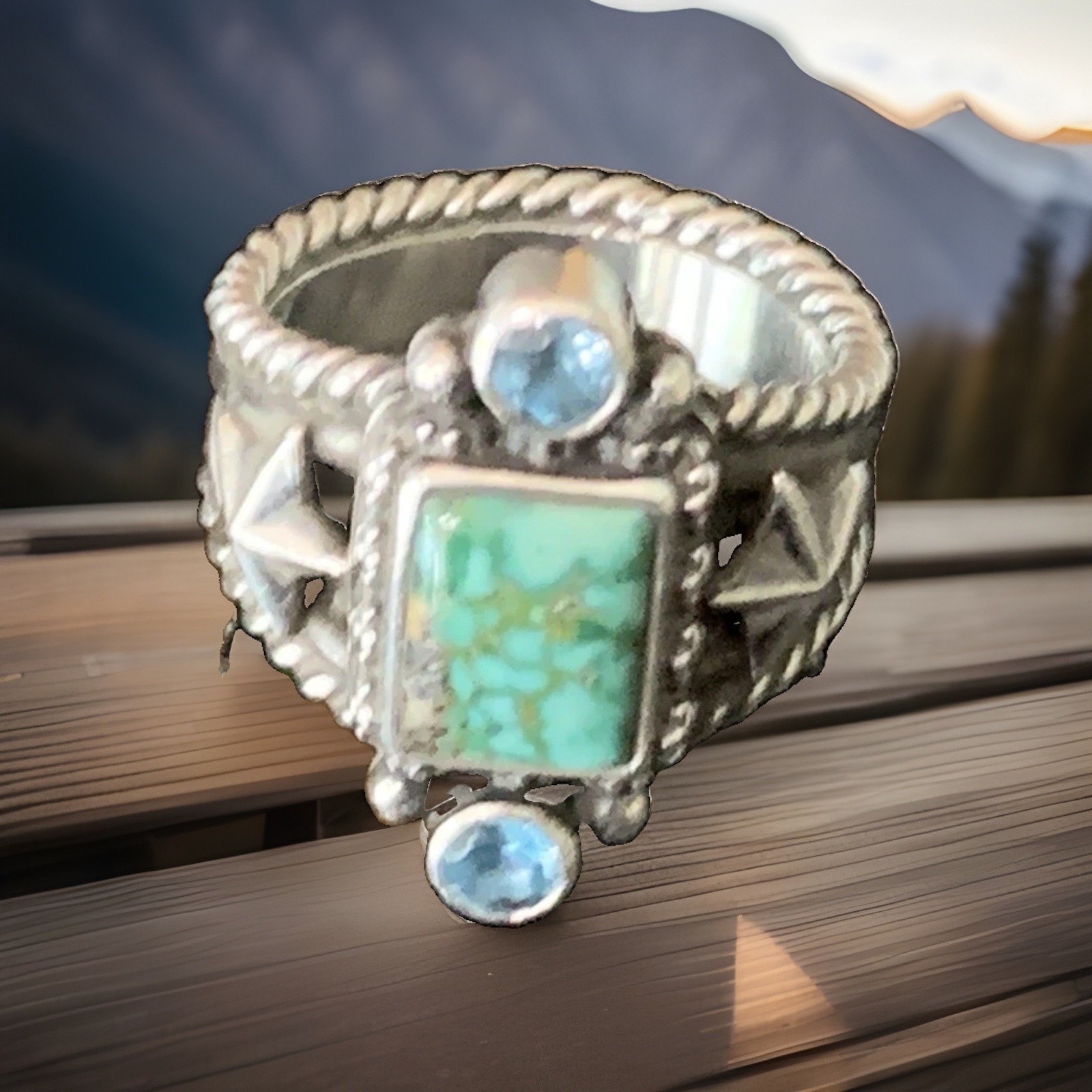 Artist Mona Van Riper Turquoise & Topaz Sterling Silver Ring Southwestern Ring