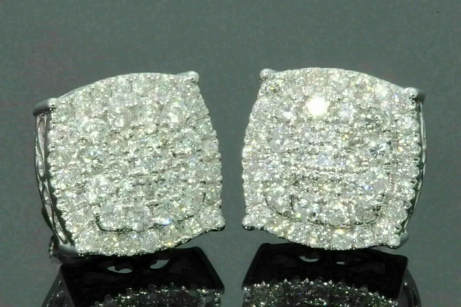 Men’s 2Ct Round Cut Real Moissanite Cluster Stud Earrings 14K White Gold Plated