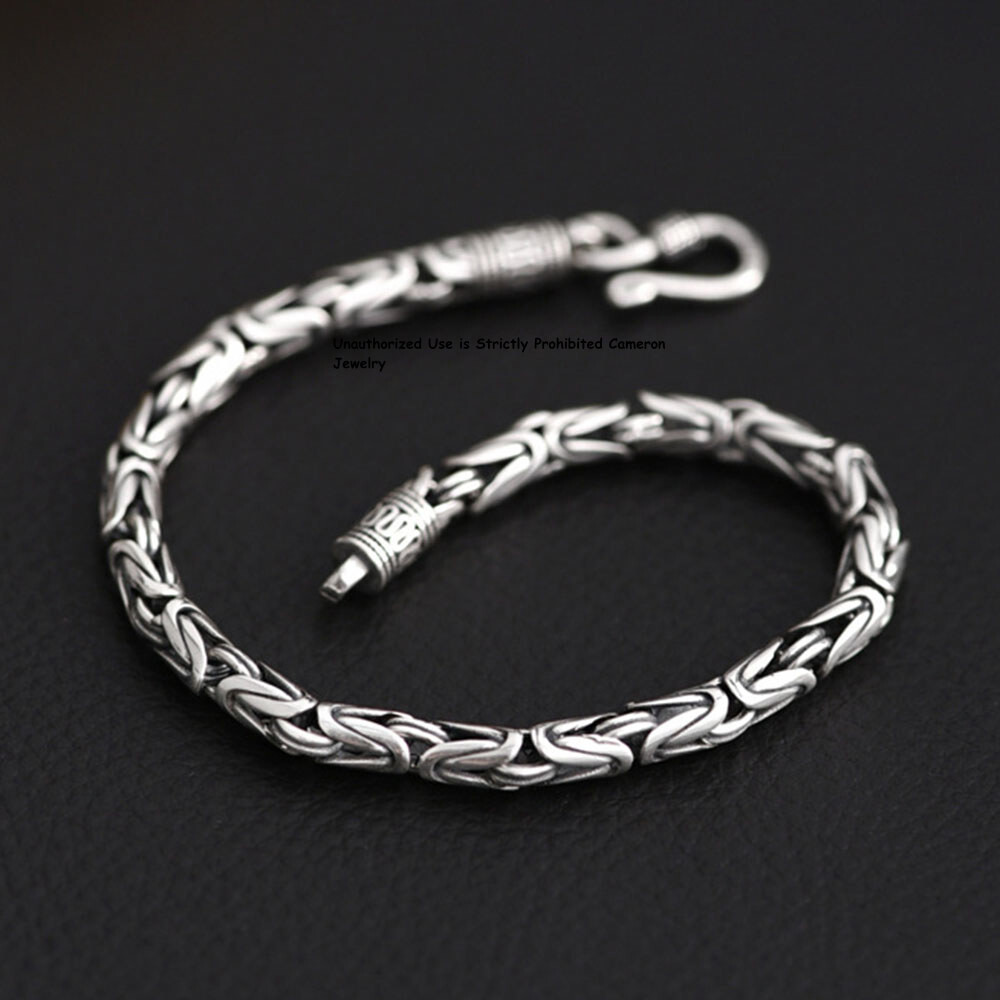 Pure S925 Sterling Silver Chain Men Women 4mm Byzantine Link Bracelet 6.7-8.7inL
