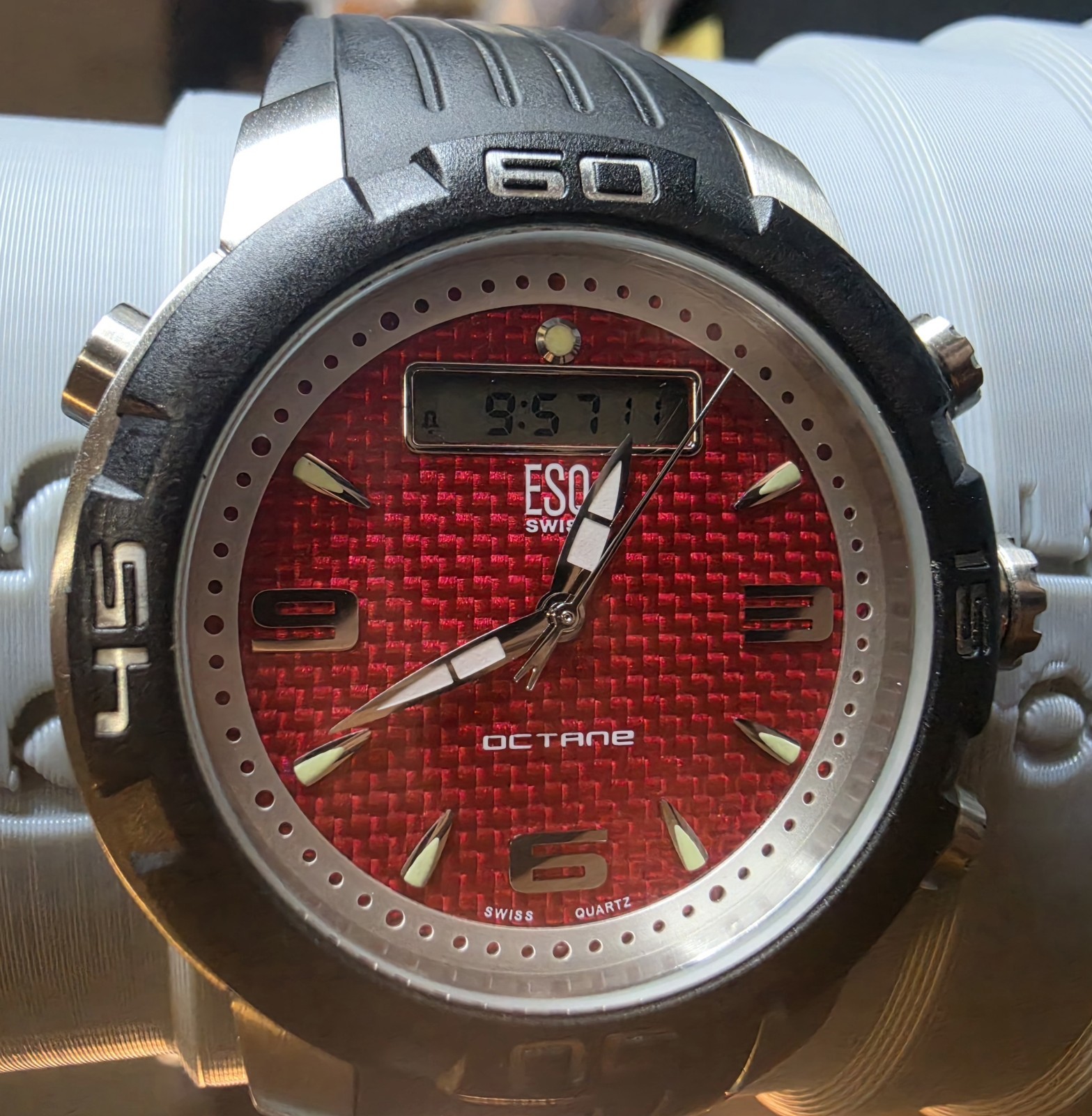 ESQ BY MOVADO Swiss Octane (Ana-Digi) Quartz, Date Red Dial Black Strap