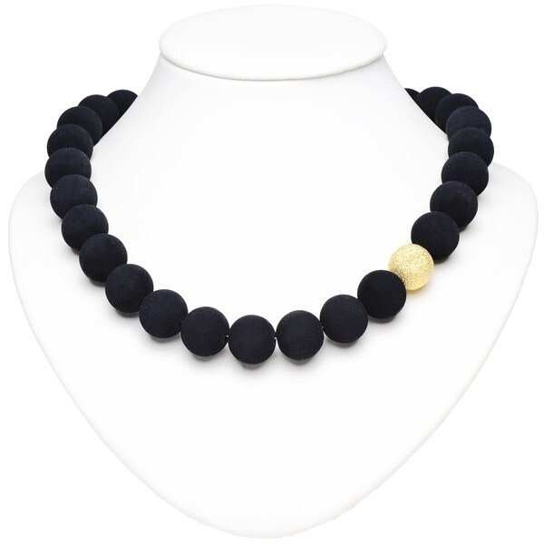 Chain Necklace Italian Lava & 925 Silver Gold Plated Asymmetrical Gold Black
