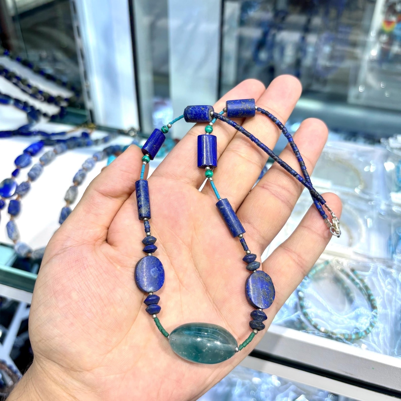 Handmade Lapis Lazuli Fluorite Pendant Necklace Vintage Style Gemstone Jewelry