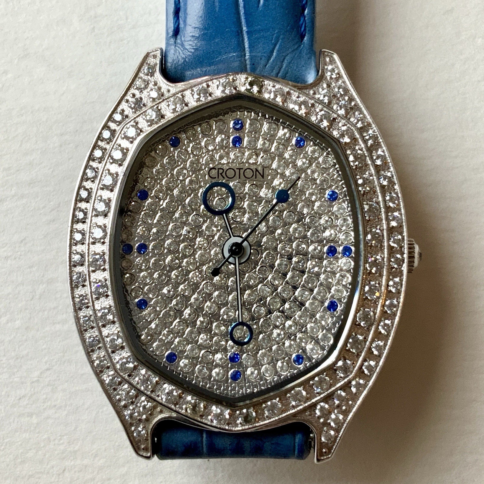 Croton Oval Watch Pavé Crystal CZ Case & Dial Blue Leather Strap Swiss Quartz