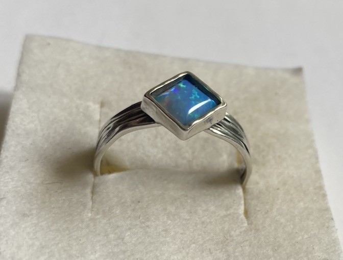 Sterling Silver, Square Bezel Set Lab Opal, Ring By PZ Creations