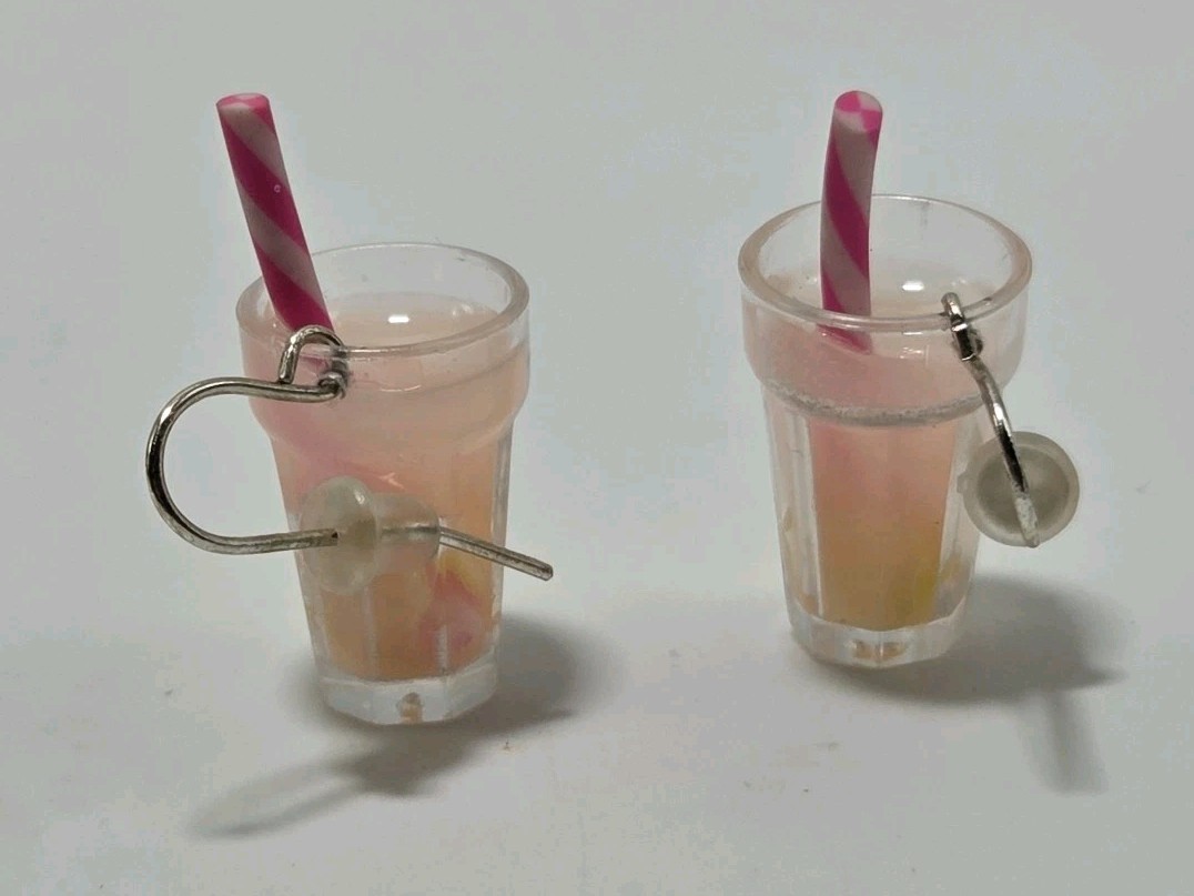 Mini Pink Drink W/Straw In Glass Earrings Hook Dangle Restaurant Bar Tender