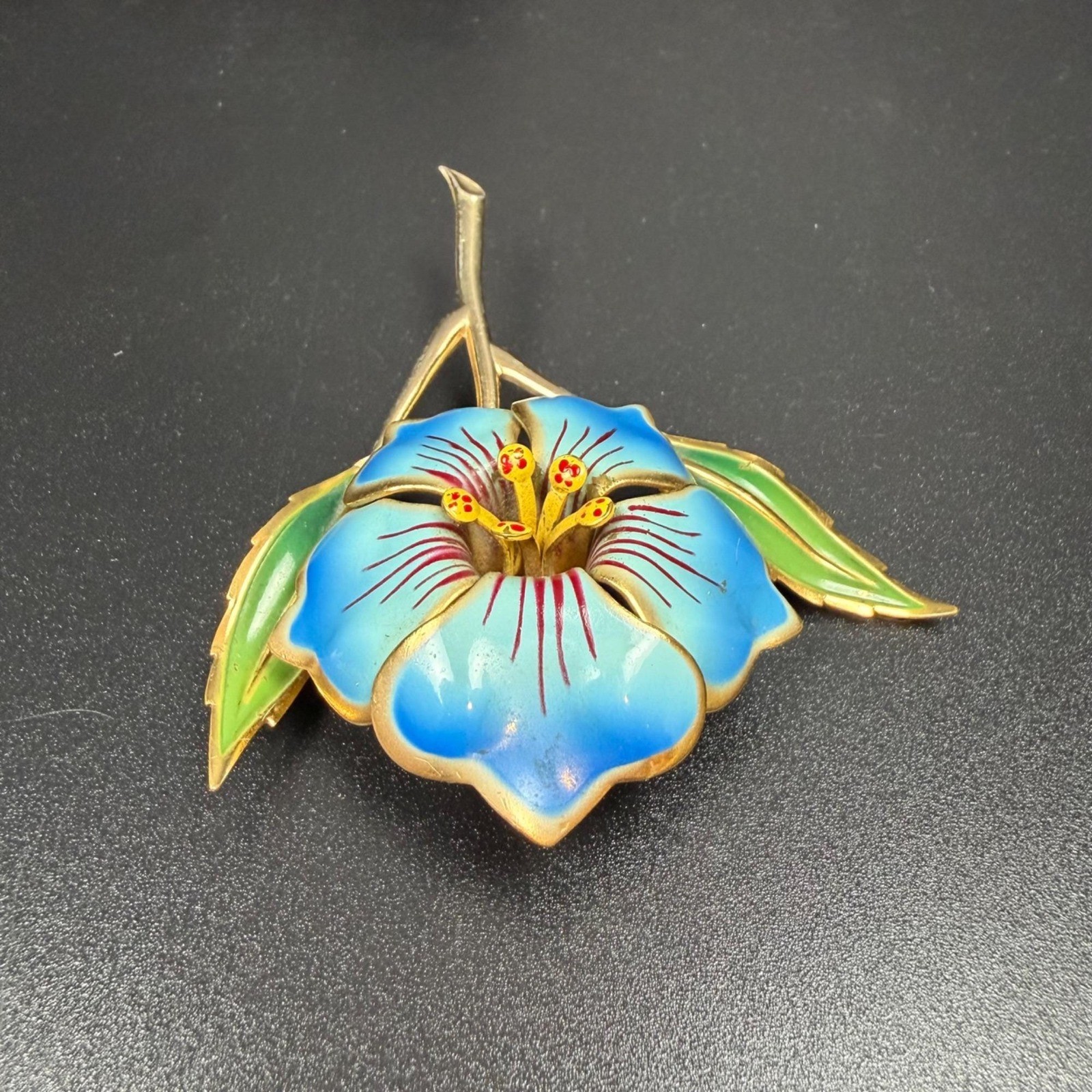 Vintage Blue Cold Painted Enamel Flower Brooch Gold Tone Statement Pin 3.75 In