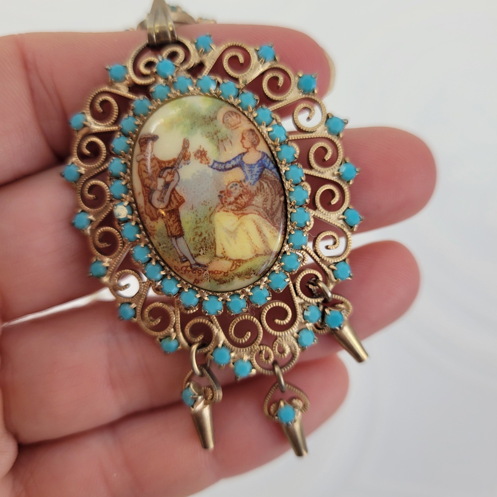 Juliana Delizza Elster Necklace Gold Tone Victorian Revival Turquoise Rhinestone