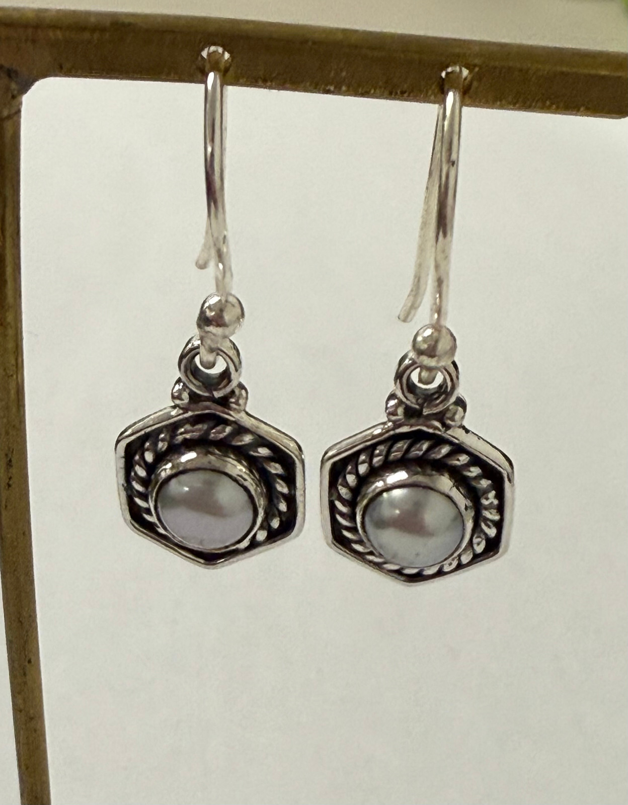 Hexagon Earring with Freshwater Pearl 925 Sterling Silver – Free UK Delivery