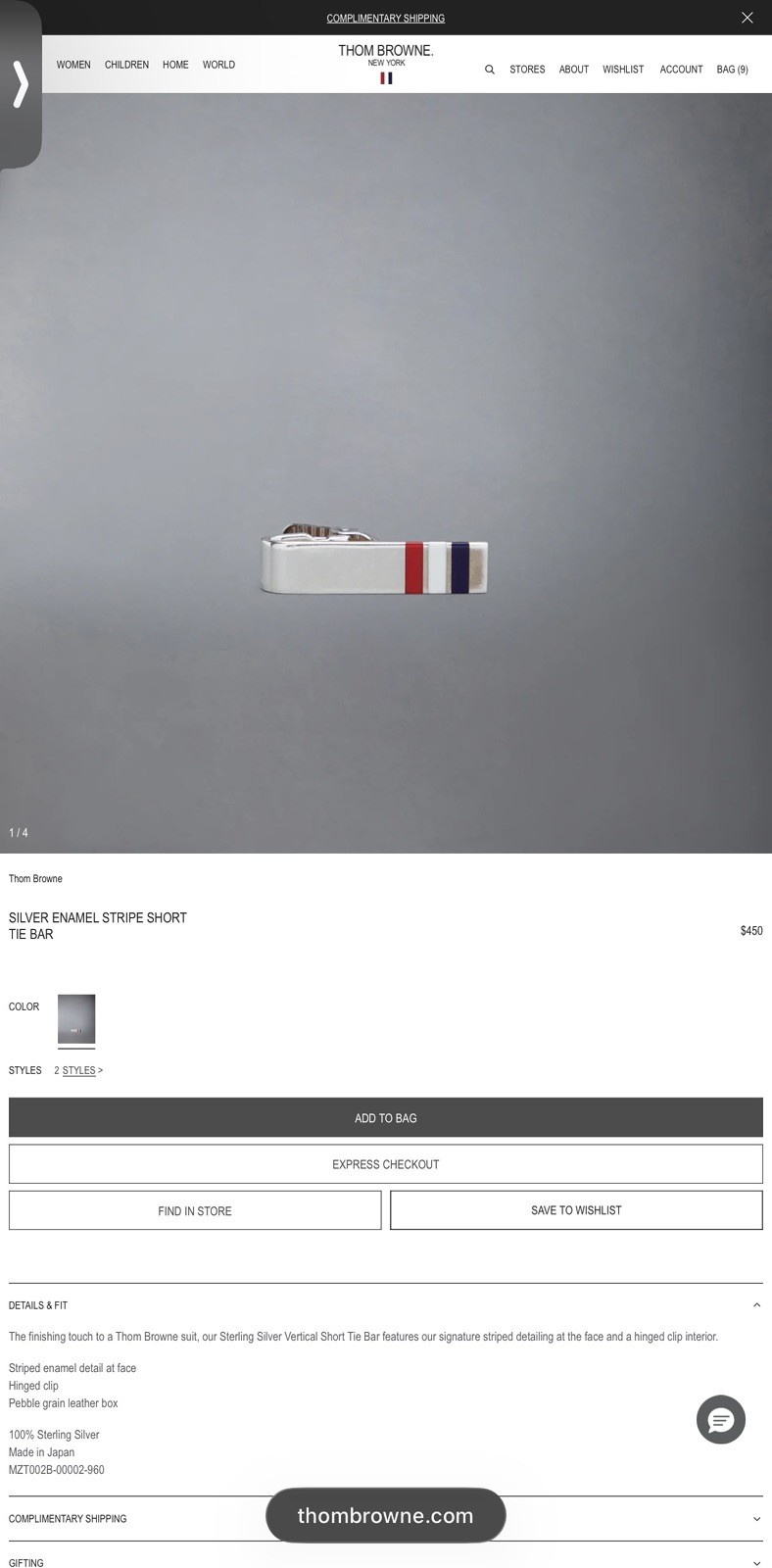 Thom Browne Sterling Silver Enamel Stripe Short Tie Bar MZT002B MSRP $450