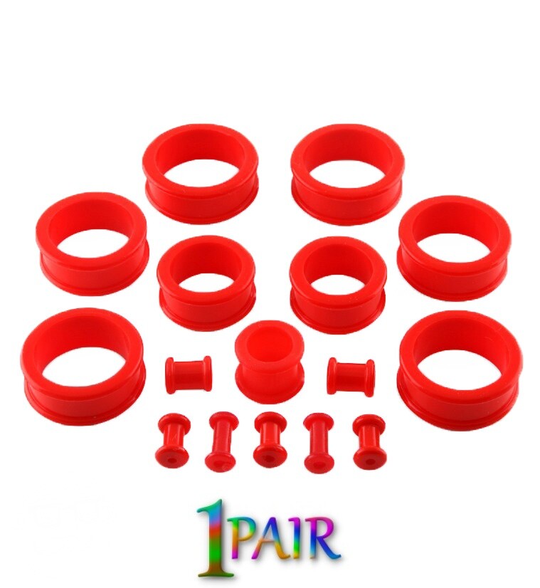 Pair 12g-50mm RED SILICONE FLAT FLARE TUNNELS Double Gauges Thin Flesh Ear 1209