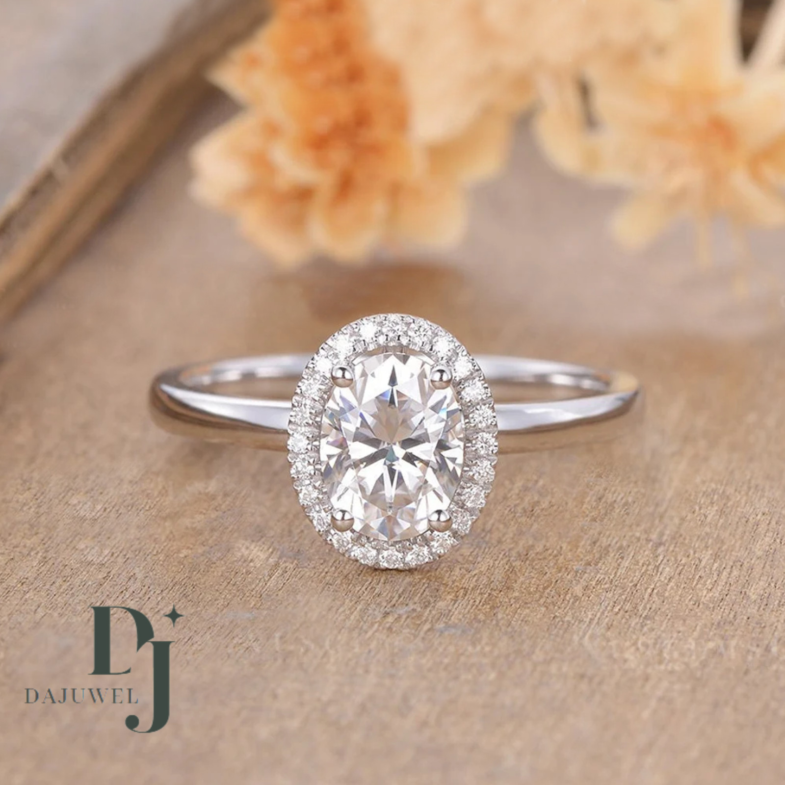 Solid 14K White Gold Moissanite Halo Engagement Ring 2.20 Carat Oval Cut For Her