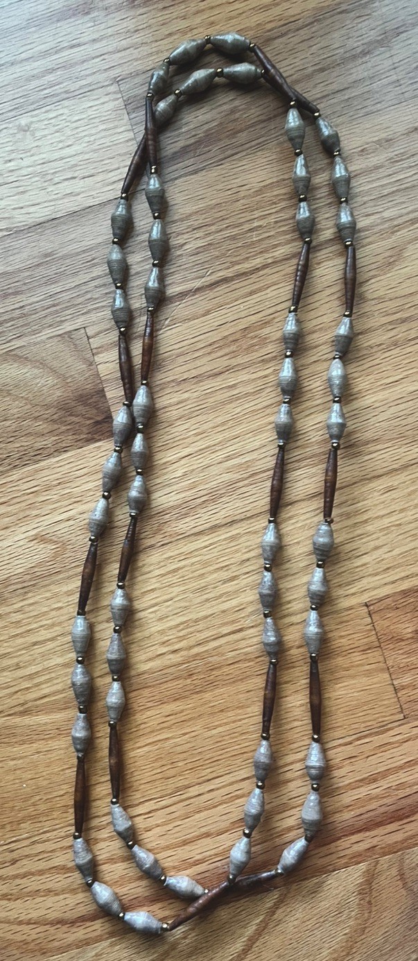 African Paper Bead Necklace Long tan Eco Friendly boho artisan Handmade