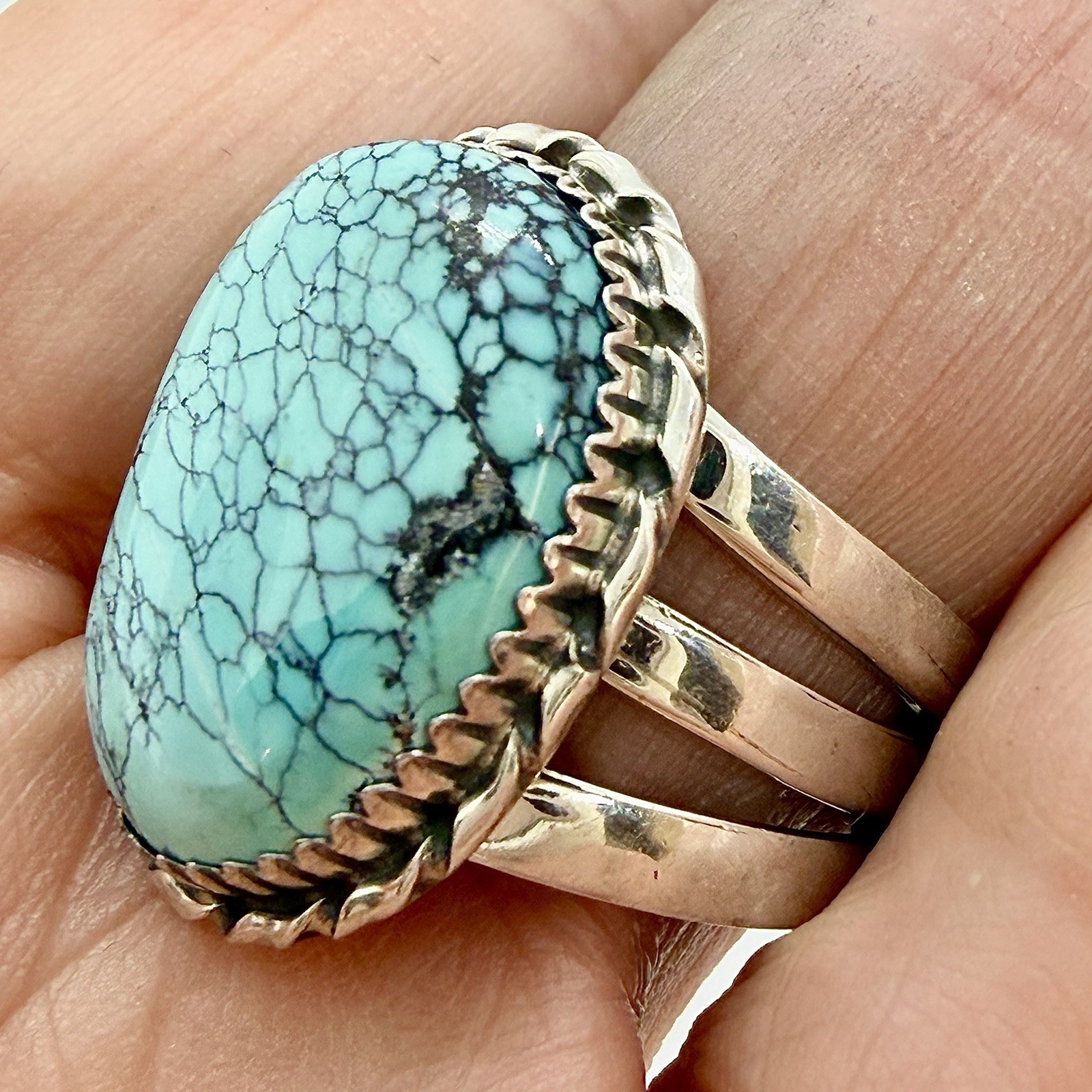 Navajo Natural Spiderweb Golden Hills Turquoise Ring Sz 9.5 Sterling by AJ 9.5g