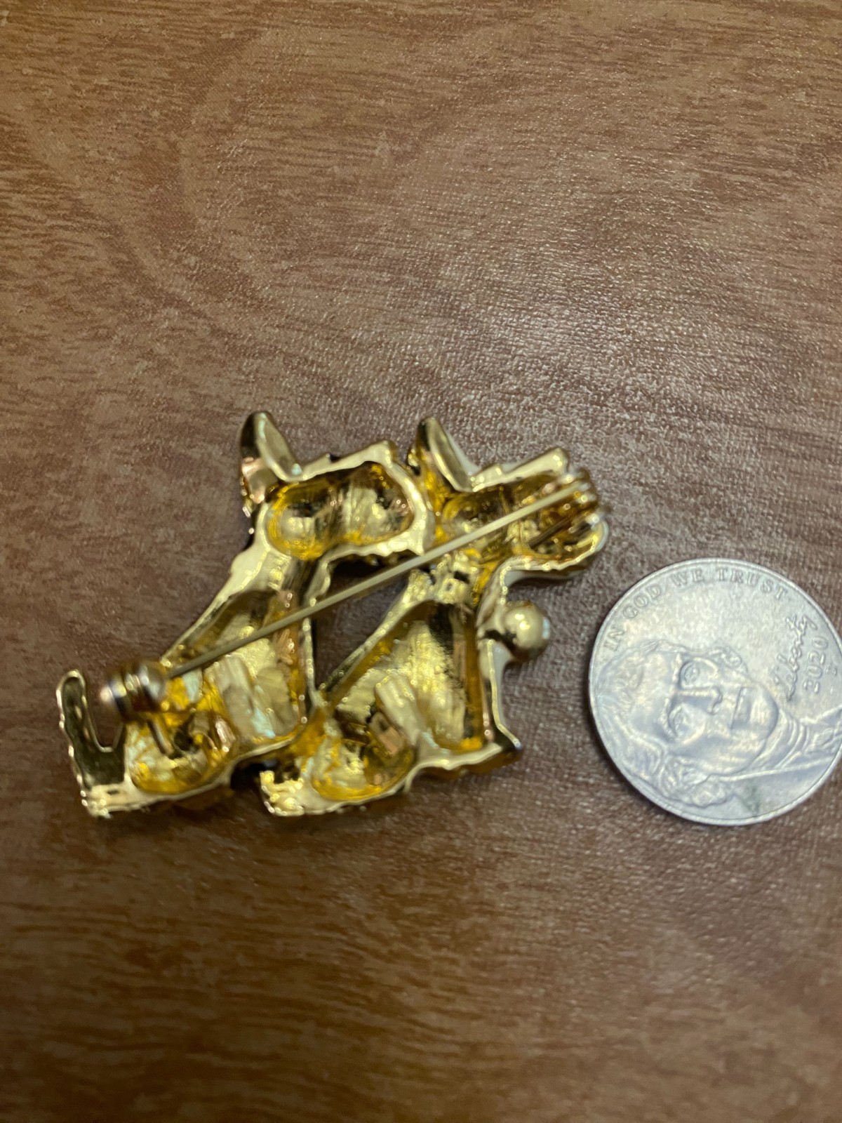 Two Black White Enamel Scottish Terrier Dog Gold Tone Rhinestone Brooch Pin