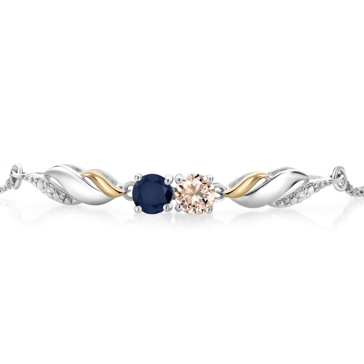 1.02 Ct Peach Morganite Blue Sapphire 925 Silver and 10K Yellow Gold Bracelet
