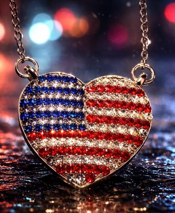 NEW PATRIOTIC FLAG HEART NECKLACE SILVERTONE OR GOLDTONE CRYSTALS FREE SHIPPING