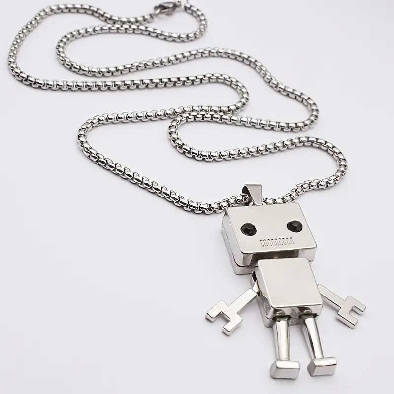 Silver Robot Pendant Necklace Cute Cartoon Toy Figure Geek Gamer Gift Unisex