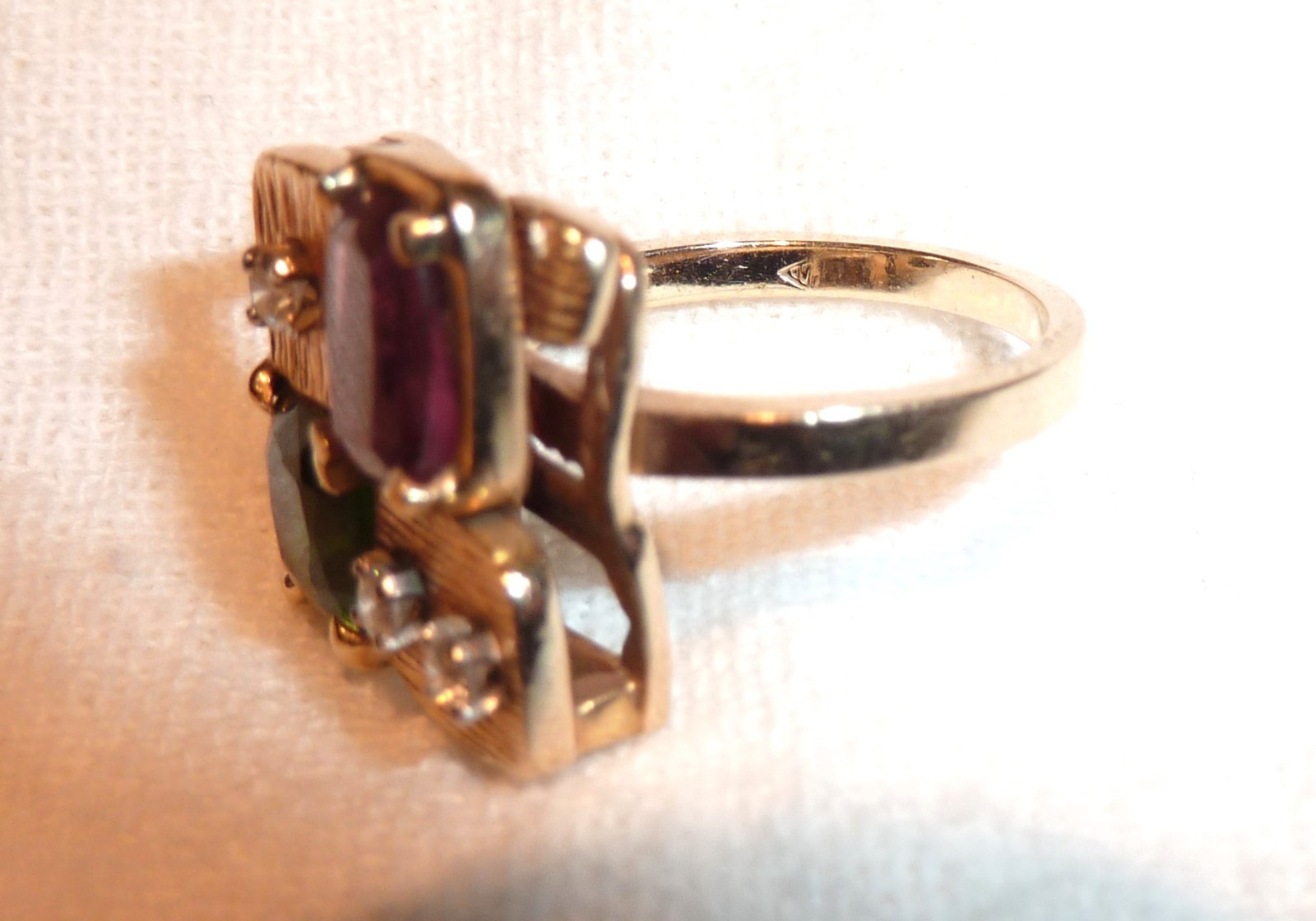 14K Vintage Gold Ring Diamonds Tourmaline Pink Green Semi Precious 6 1/2 8.2 gr