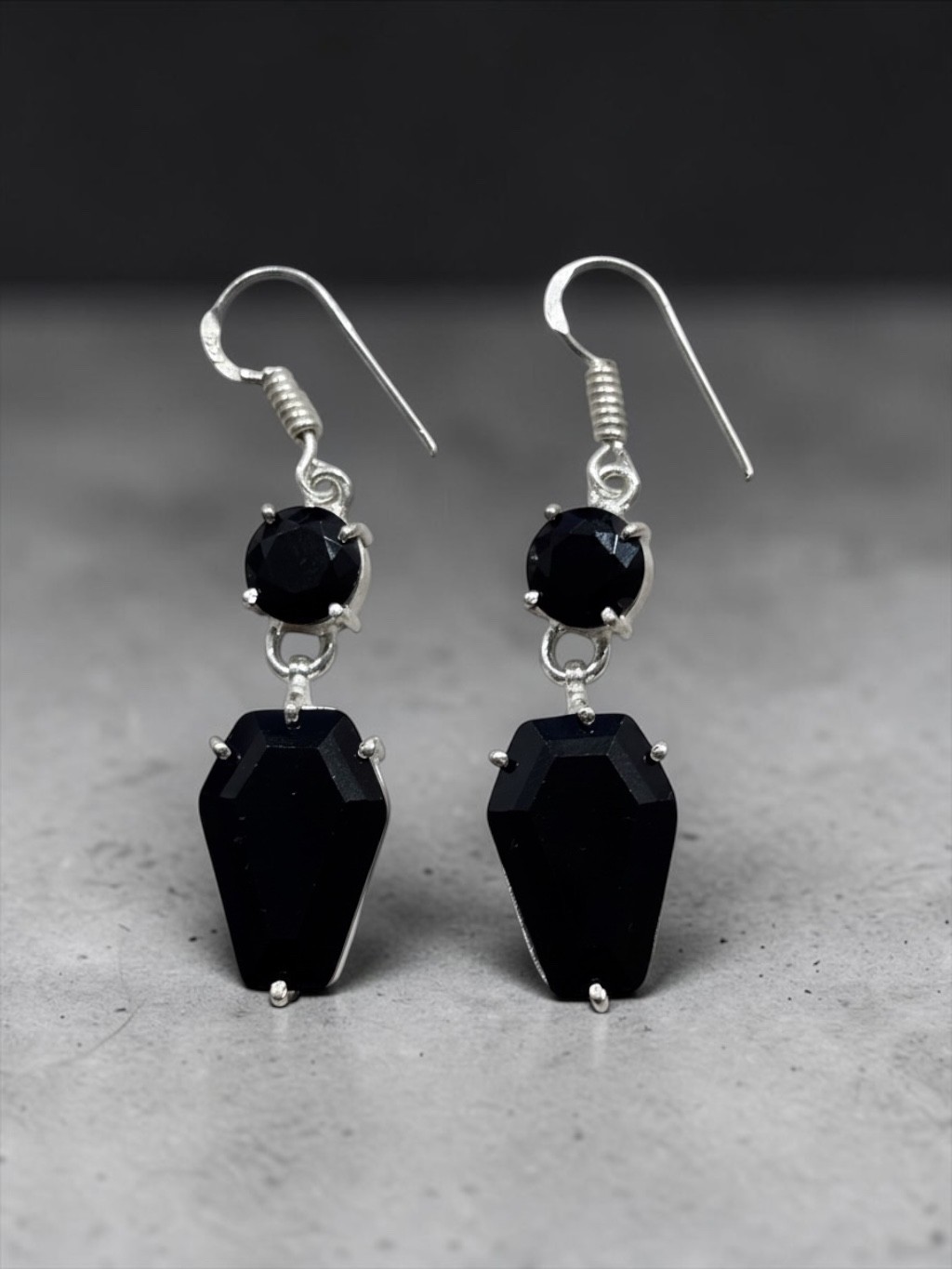 Designer Black Onyx Coffin 925 Solid Sterling Silver Dangle Drop Earrings