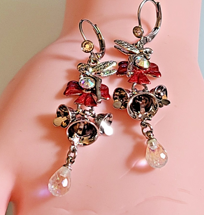 Signed Kirks Folly Vintage Christmas Angel Fairy Bow Jingle Bell Dangle Earrings
