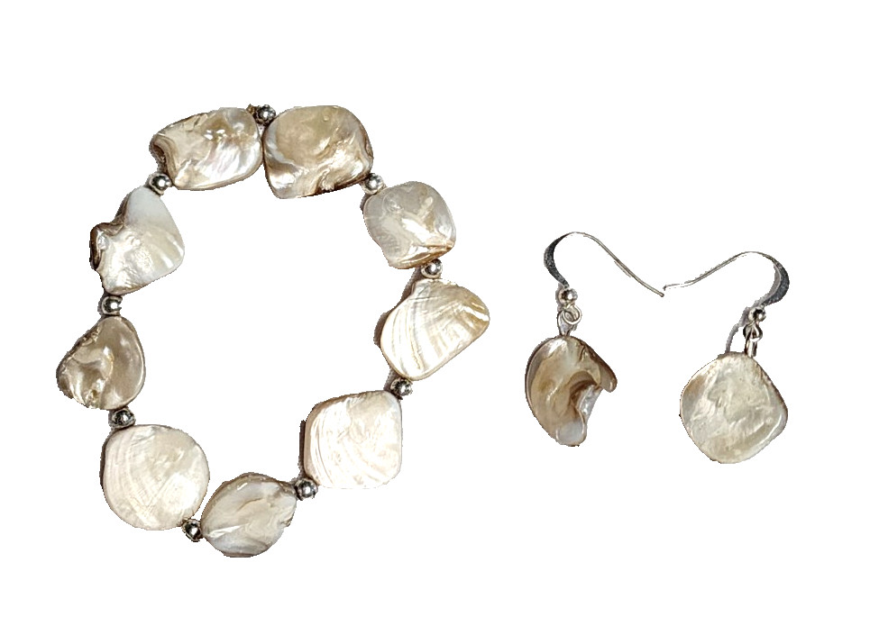 White-Beige Abalone Shell Nugget Stretch Bracelet-Earrings Set Mother of Pearl