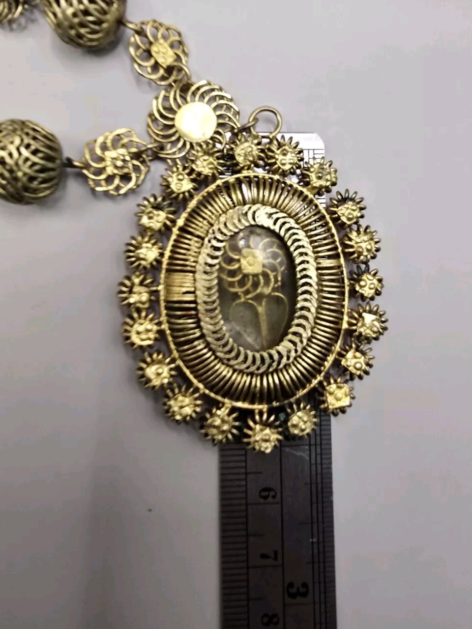 Philippines Tambourine Reliquary Gilt Copper Filigree Pendant Necklace Tamborin