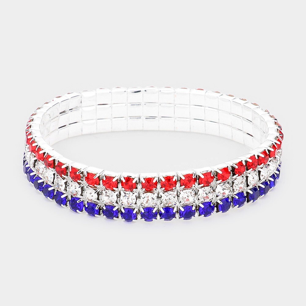 NEW Womens SILVER STRETCH Bracelet USA FLAG PATRIOTIC Rhinestones RED WHITE BLUE