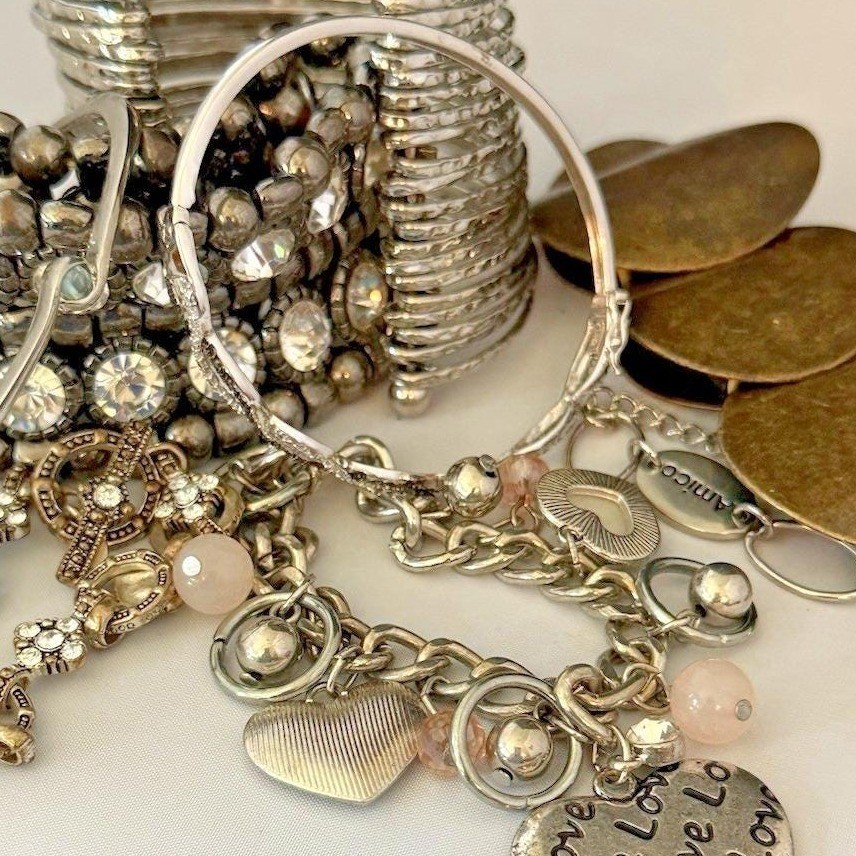 Vintage Bracelets Lot Rhinestones Charm Heart Cuff Brass Expansion